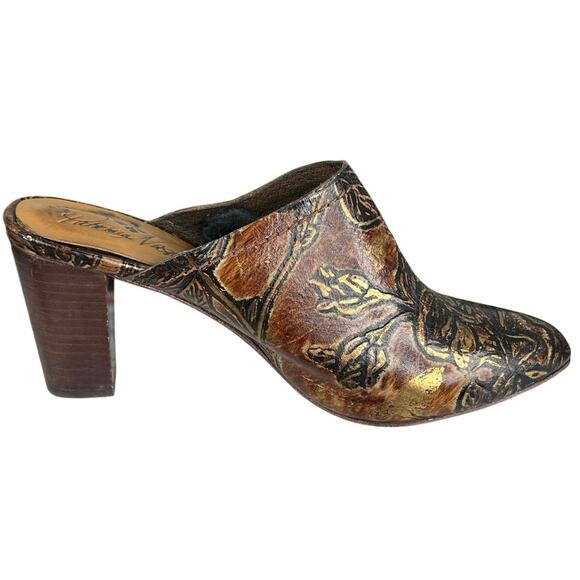 Patricia Nash Women’s Ruffina Brown Tooled Leather Metallic Gold Mule Size 7.5 - Picture 4 of 11